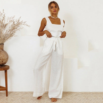 Trousers Set- Women's Cotton 2 Piece Set: Tank Top + Wide-Leg Belted Trousers- White- IndioGear Fashion and Gear