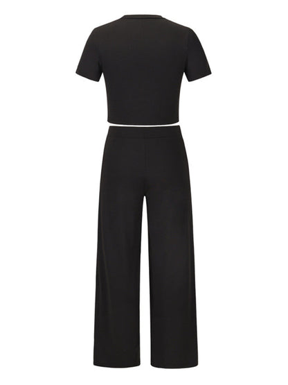 Trousers Set- Women's Lounge Set: Short Sleeve Crop Top + Wide Leg Trousers- - IndioGear Fashion and Gear