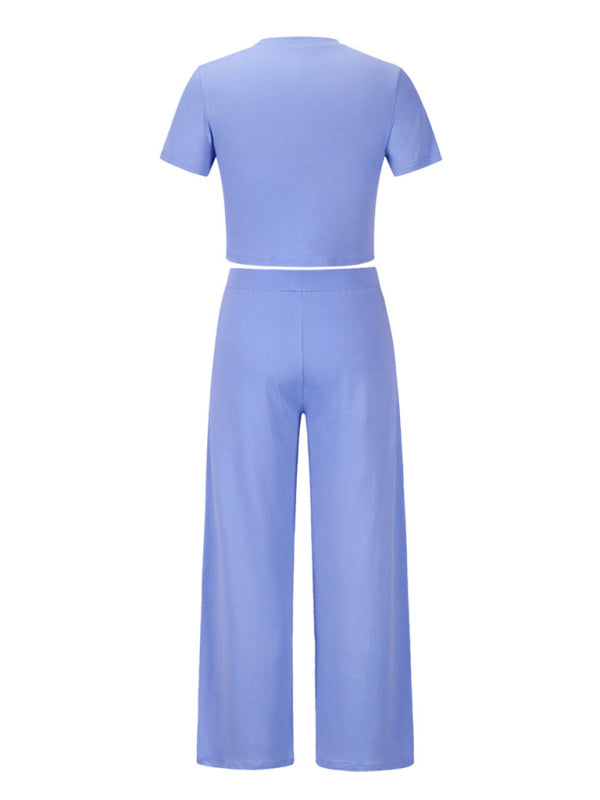 Trousers Set- Women's Lounge Set: Short Sleeve Crop Top + Wide Leg Trousers- - IndioGear Fashion and Gear