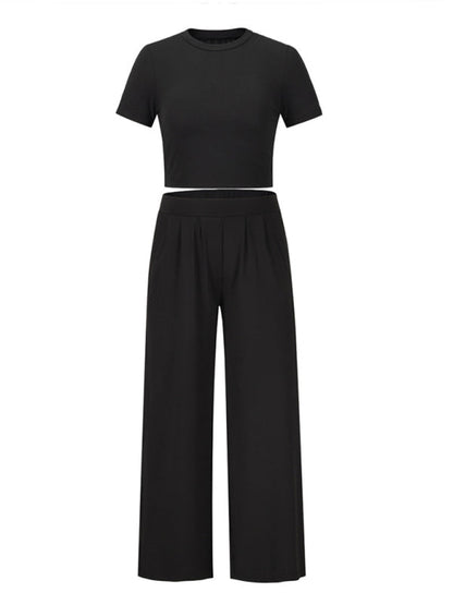 Trousers Set- Women's Lounge Set: Short Sleeve Crop Top + Wide Leg Trousers- - IndioGear Fashion and Gear