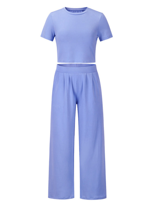 Trousers Set- Women's Lounge Set: Short Sleeve Crop Top + Wide Leg Trousers- - IndioGear Fashion and Gear