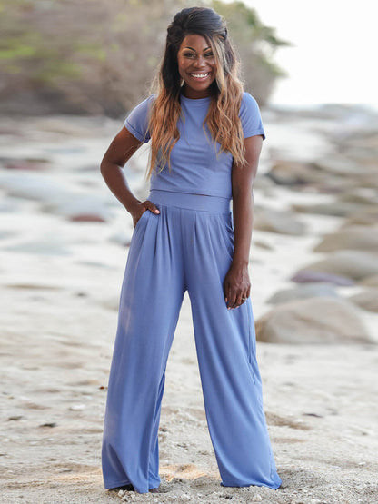 Trousers Set- Women's Lounge Set: Short Sleeve Crop Top + Wide Leg Trousers- Blue- IndioGear Fashion and Gear