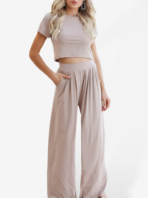 Trousers Set- Women's Lounge Set: Short Sleeve Crop Top + Wide Leg Trousers- Khaki- IndioGear Fashion and Gear