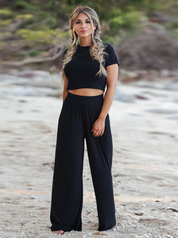 Trousers Set- Women's Lounge Set: Short Sleeve Crop Top + Wide Leg Trousers- Black- IndioGear Fashion and Gear