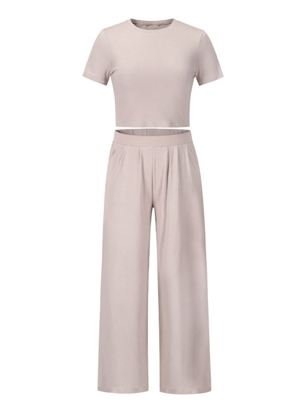 Trousers Set- Women's Lounge Set: Short Sleeve Crop Top + Wide Leg Trousers- - IndioGear Fashion and Gear