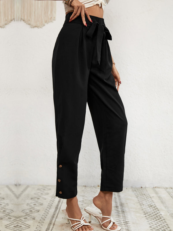 Trousers- Solid Rise Trousers, Fancy Side Buttons, Belted Pants- - IndioGear Fashion and Gear