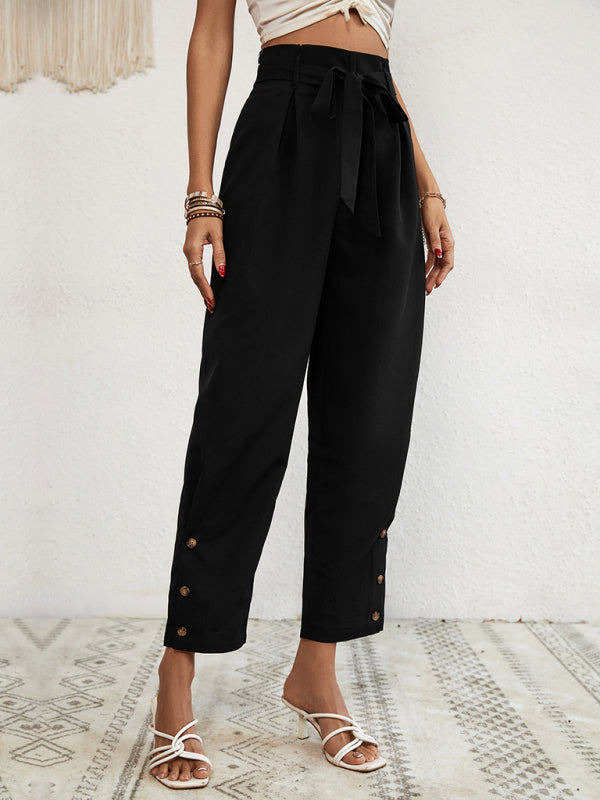 Trousers- Solid Rise Trousers, Fancy Side Buttons, Belted Pants- - IndioGear Fashion and Gear