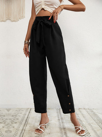 Trousers- Solid Rise Trousers, Fancy Side Buttons, Belted Pants- - IndioGear Fashion and Gear