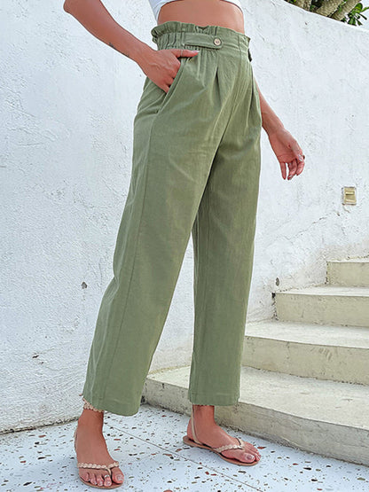 Trousers- Straight-Leg Pants: Paperbag Waist, Pleated Buttons Trousers- - IndioGear Fashion and Gear