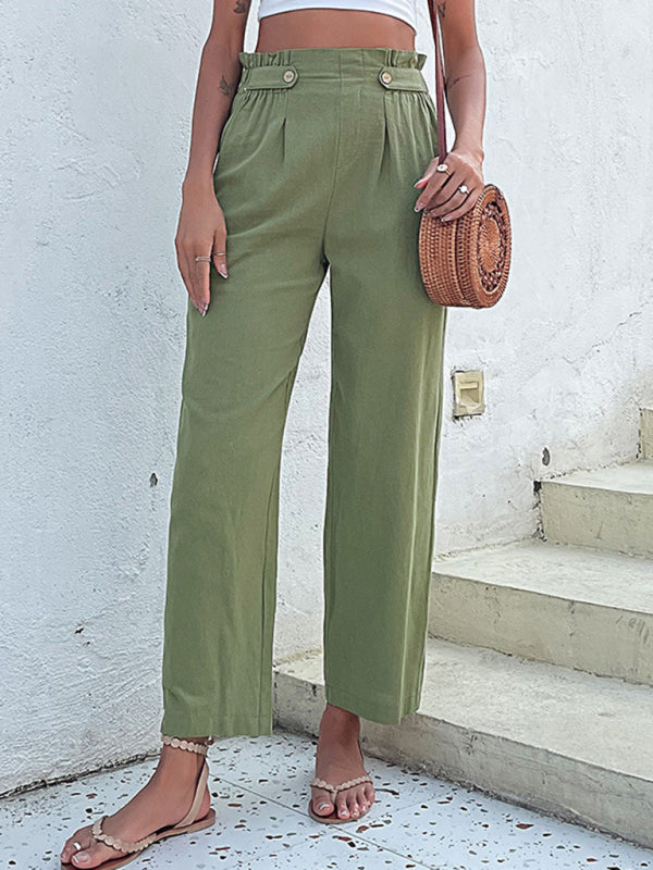 Trousers- Straight-Leg Pants: Paperbag Waist, Pleated Buttons Trousers- Green- IndioGear Fashion and Gear