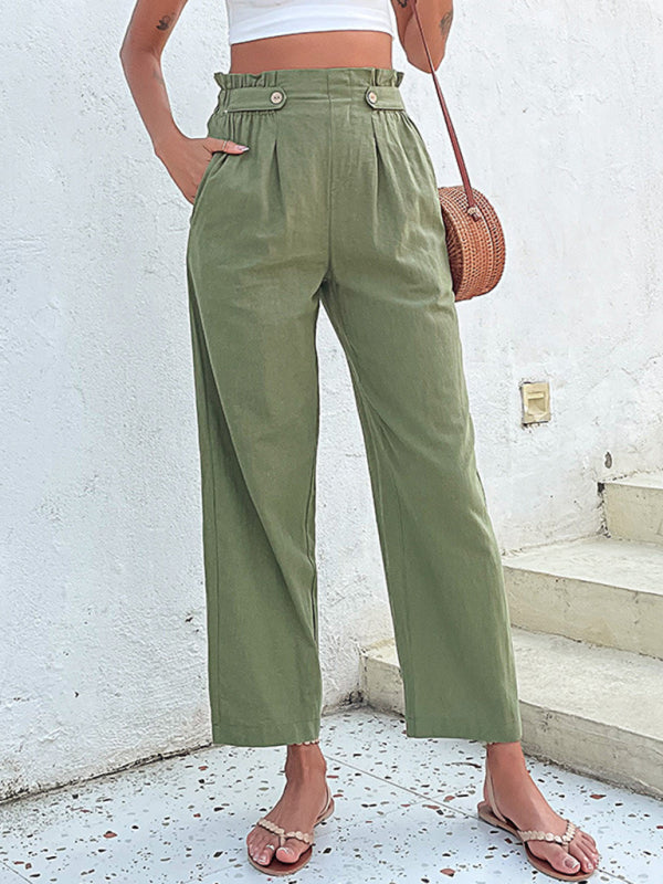 Trousers- Straight-Leg Pants: Paperbag Waist, Pleated Buttons Trousers- - IndioGear Fashion and Gear