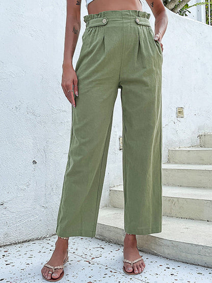 Trousers- Straight-Leg Pants: Paperbag Waist, Pleated Buttons Trousers- - IndioGear Fashion and Gear