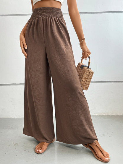 Trousers- Textured Elastic Waist Trousers - Women's Wide-Leg Pants for Vacation- Brown- Pekosa Women Clothing