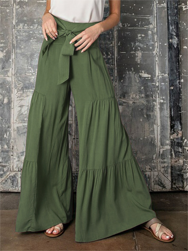 Trousers- Wide Leg High-Waisted Palazzo Trousers - Pants- Olive green- IndioGear Fashion and Gear