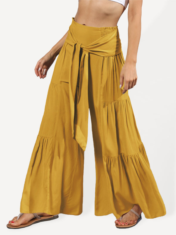 Trousers- Wide Leg High-Waisted Palazzo Trousers - Pants- Yellow- IndioGear Fashion and Gear