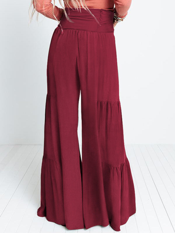 Trousers- Wide Leg High-Waisted Palazzo Trousers - Pants- Wine Red- IndioGear Fashion and Gear