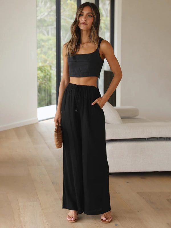 Trousers- Wide Leg Pants - Elastic Waistband Trousers with Side Pockets- - IndioGear Fashion and Gear