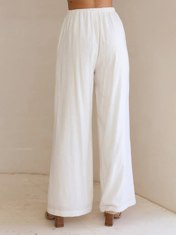 Trousers- Wide Leg Pants - Elastic Waistband Trousers with Side Pockets- - IndioGear Fashion and Gear