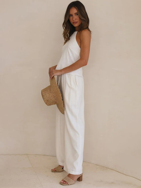 Trousers- Wide Leg Pants - Elastic Waistband Trousers with Side Pockets- - IndioGear Fashion and Gear