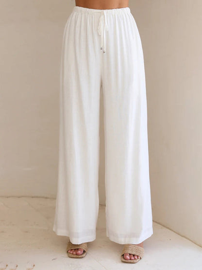 Trousers- Wide Leg Pants - Elastic Waistband Trousers with Side Pockets- White- IndioGear Fashion and Gear