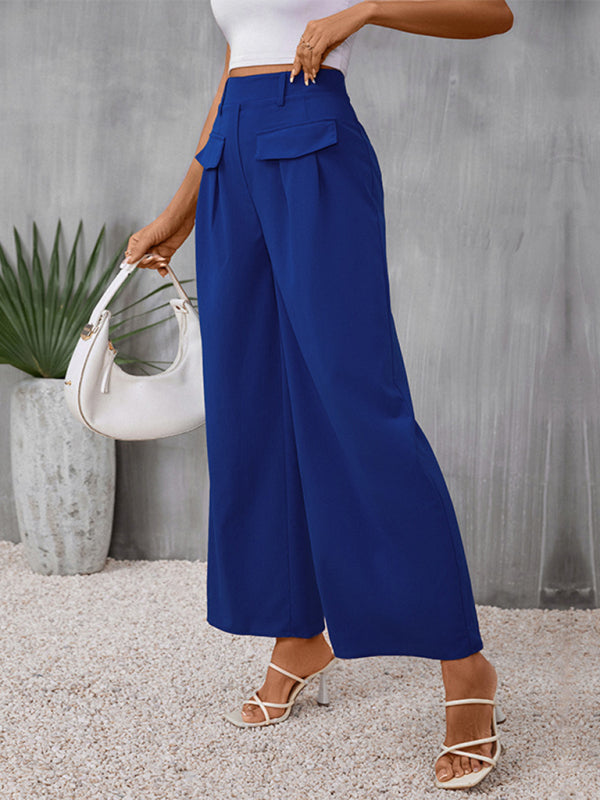 Trousers- Wide-leg Trousers - High Rise Pants with Faux Flap Pockets- - Pekosa Women Clothing