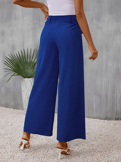 Trousers- Wide-leg Trousers - High Rise Pants with Faux Flap Pockets- - Pekosa Women Clothing