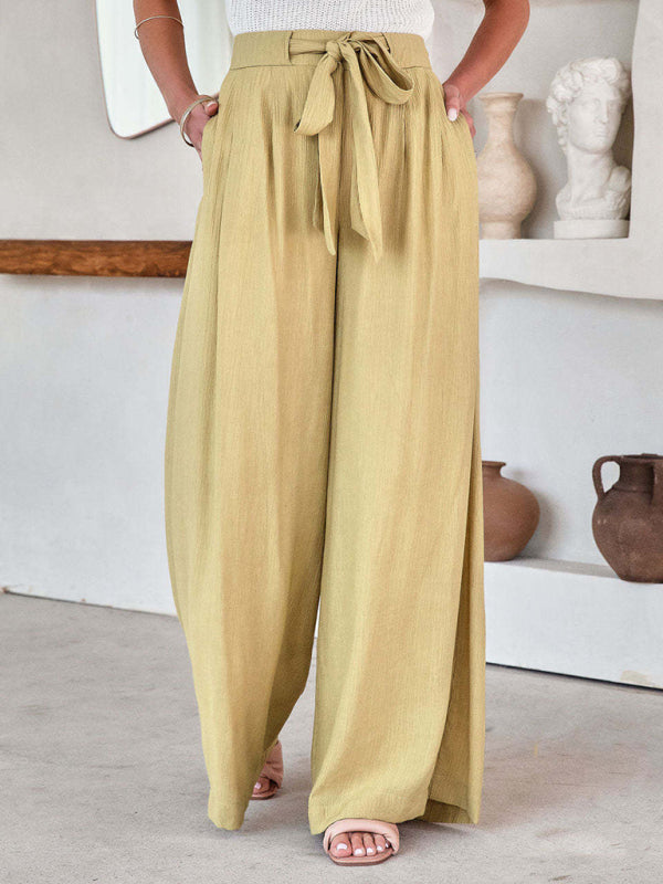 Trousers- Wide-leg Trousers with Ribbon Knot Waist - Pants- Yellow- IndioGear Fashion and Gear