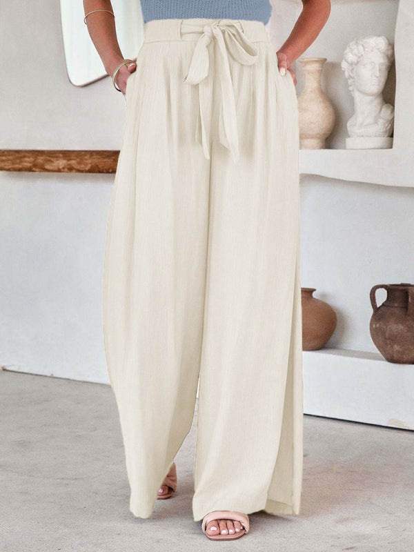 Trousers- Wide-leg Trousers with Ribbon Knot Waist - Pants- White- IndioGear Fashion and Gear