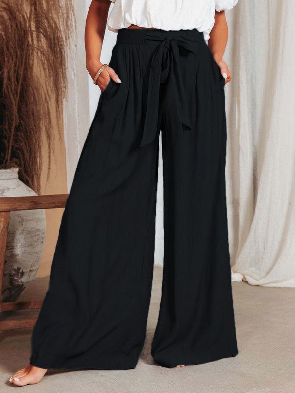 Trousers- Wide-leg Trousers with Ribbon Knot Waist - Pants- Black- IndioGear Fashion and Gear