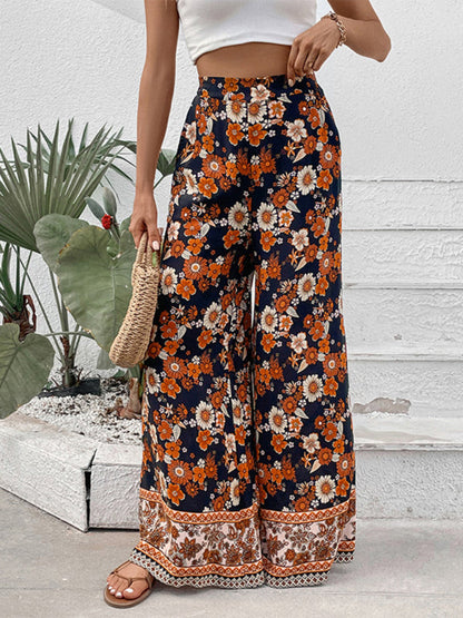 Trousers- Women's Floral Wide Leg Pants - High Rise, Pockets Pants- Black- IndioGear Fashion and Gear