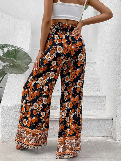 Trousers- Women's Floral Wide Leg Pants - High Rise, Pockets Pants- - IndioGear Fashion and Gear