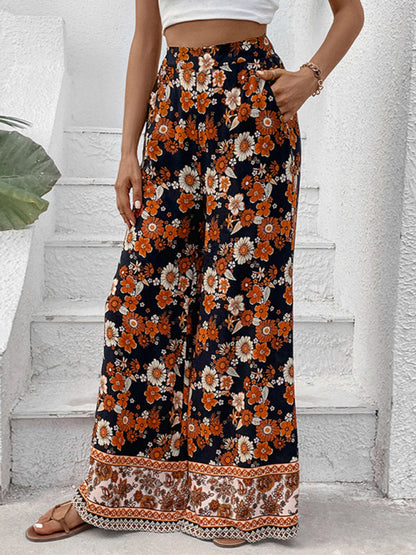 Trousers- Women's Floral Wide Leg Pants - High Rise, Pockets Pants- - IndioGear Fashion and Gear