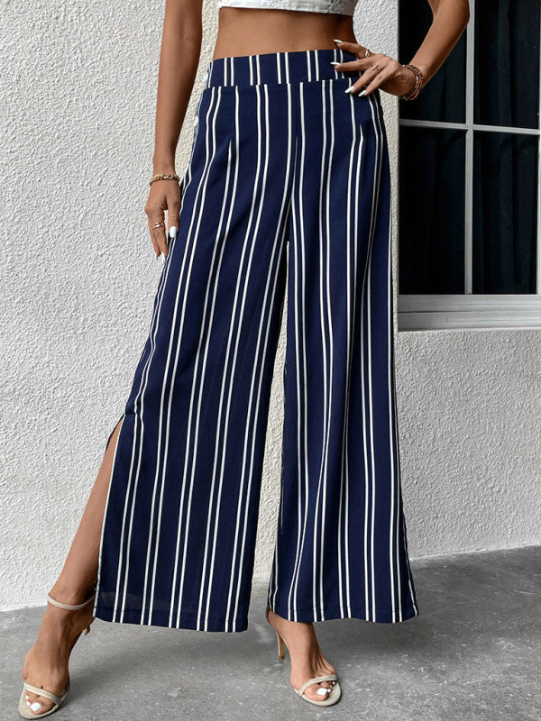 Trousers- Women's Stripe Sailor Wide Leg Slit Pants- Purplish blue navy- IndioGear Fashion and Gear