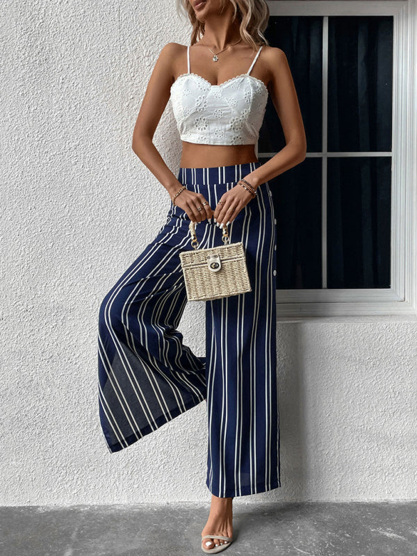 Trousers- Women's Stripe Sailor Wide Leg Slit Pants- - IndioGear Fashion and Gear