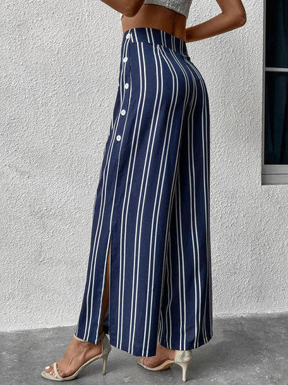 Trousers- Women's Stripe Sailor Wide Leg Slit Pants- - IndioGear Fashion and Gear