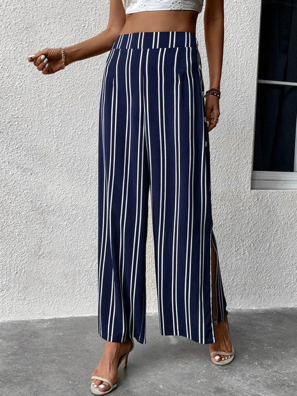 Trousers- Women's Stripe Sailor Wide Leg Slit Pants- - IndioGear Fashion and Gear