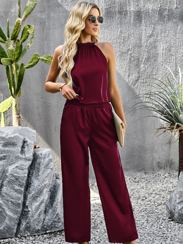 Trousers set- Glossy Set: Halter Tank Top + Trousers- - Pekosa Women Clothing