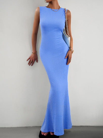 Trumpet Dresses- Casual Textured Trumpet Sleeveless Maxi Dress- - IndioGear Clothing and Gear