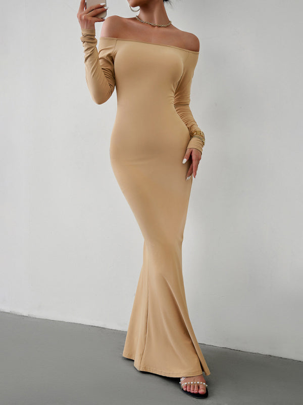 Trumpet Dresses- Solid Long Sleeve Bodycon Off-Shoulder Mermaid Dress- - IndioGear Clothing and Gear