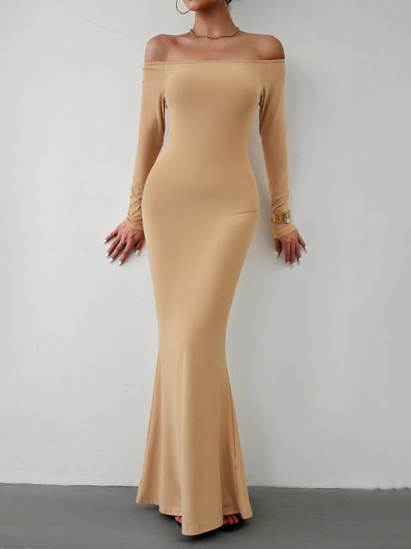 Trumpet Dresses- Solid Long Sleeve Bodycon Off-Shoulder Mermaid Dress- - IndioGear Clothing and Gear