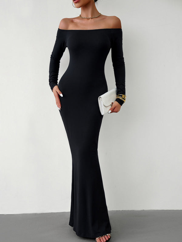 Trumpet Dresses- Solid Long Sleeve Bodycon Off-Shoulder Mermaid Dress- - IndioGear Clothing and Gear