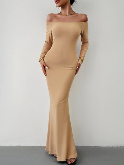 Trumpet Dresses- Solid Long Sleeve Bodycon Off-Shoulder Mermaid Dress- - IndioGear Clothing and Gear