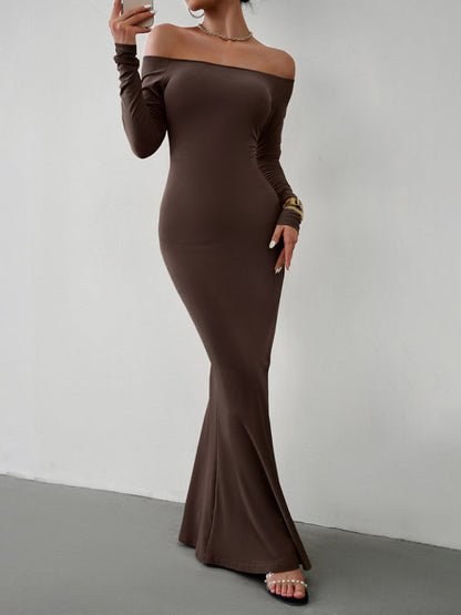 Trumpet Dresses- Solid Long Sleeve Bodycon Off-Shoulder Mermaid Dress- - IndioGear Clothing and Gear