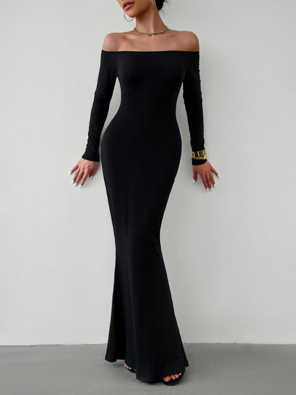 Trumpet Dresses- Solid Long Sleeve Bodycon Off-Shoulder Mermaid Dress- - IndioGear Clothing and Gear