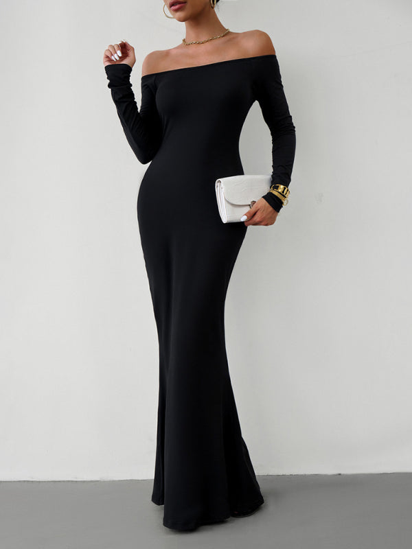 Trumpet Dresses- Solid Long Sleeve Bodycon Off-Shoulder Mermaid Dress- - IndioGear Clothing and Gear