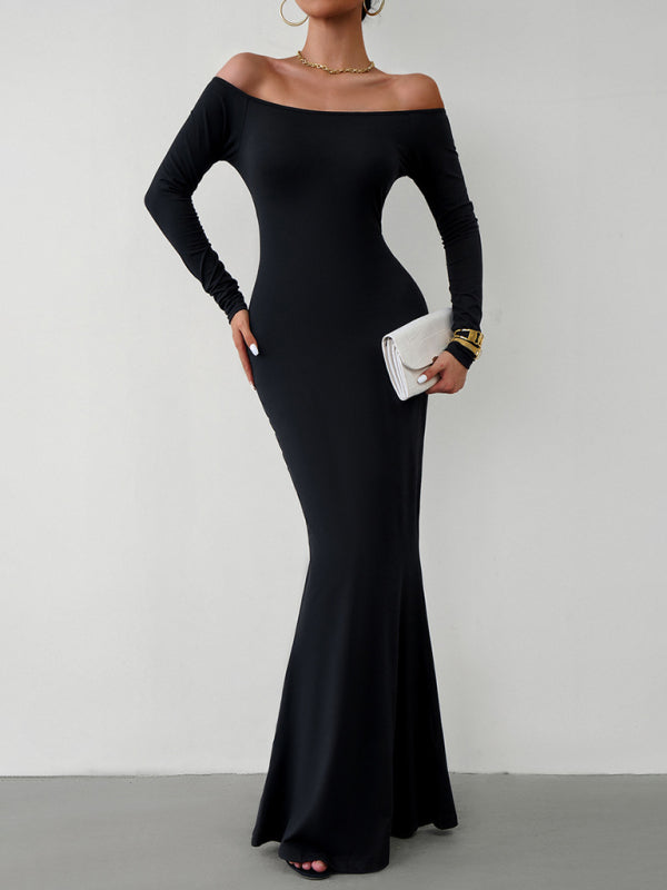 Trumpet Dresses- Solid Long Sleeve Bodycon Off-Shoulder Mermaid Dress- - IndioGear Clothing and Gear