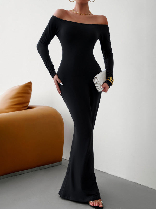 Trumpet Dresses- Solid Long Sleeve Bodycon Off-Shoulder Mermaid Dress- - IndioGear Clothing and Gear