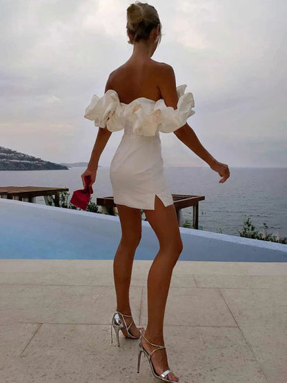 Tube Dresses- Elegant Satin Ruffle Off Shoulder Tube Mini Dress- - IndioGear Fashion and Gear