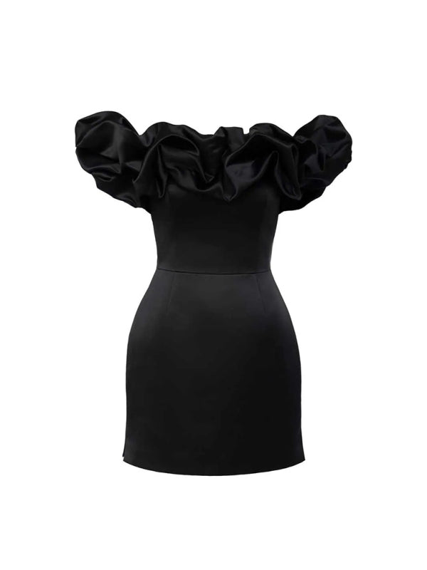 Tube Dresses- Elegant Satin Ruffle Off Shoulder Tube Mini Dress- - IndioGear Fashion and Gear