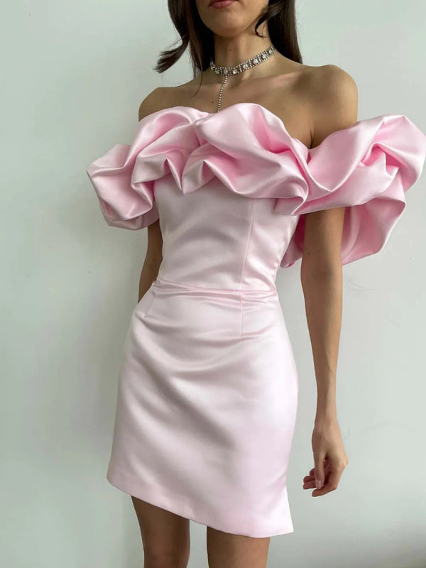 Tube Dresses- Elegant Satin Ruffle Off Shoulder Tube Mini Dress- Pink- IndioGear Fashion and Gear